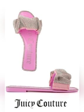 NWT JUICY COUTURE Pink Mixed Media Holly Pink Jeweled Bow Slide Sandal